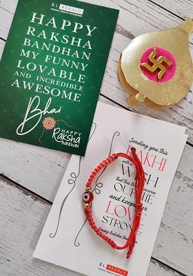 Boys Red Thread Wraparound Rakhi With Roli Chawal And Raksha Bandhan Greeting Card