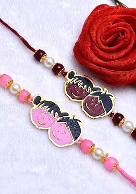 Set Of 2 Boys Goldtoned Pink And Red Handcrafted Rakhi With Roli Chawal