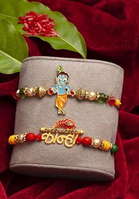 Set Of 2 Goldtoned And Blue Shri Krishna Designer Rakhi