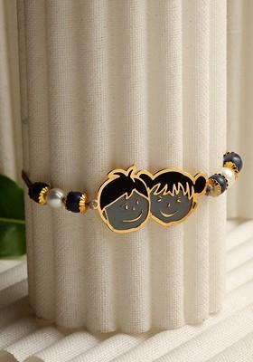 Boys Goldtoned And Grey Pearl Beaded Brass Handcrafted Rakhi