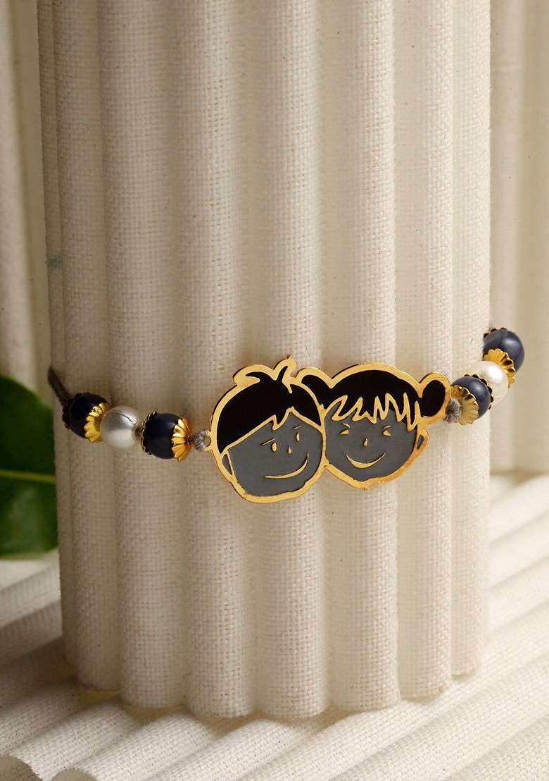 Boys Goldtoned And Grey Pearl Beaded Brass Handcrafted Rakhi - Indya