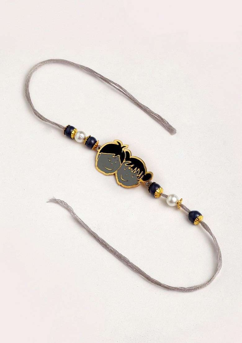 Boys Goldtoned And Grey Pearl Beaded Brass Handcrafted Rakhi - Indya