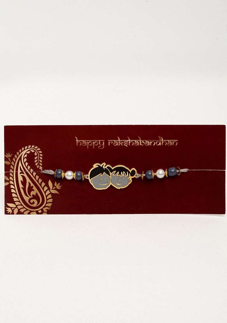 Boys Goldtoned And Grey Pearl Beaded Brass Handcrafted Rakhi - Indya