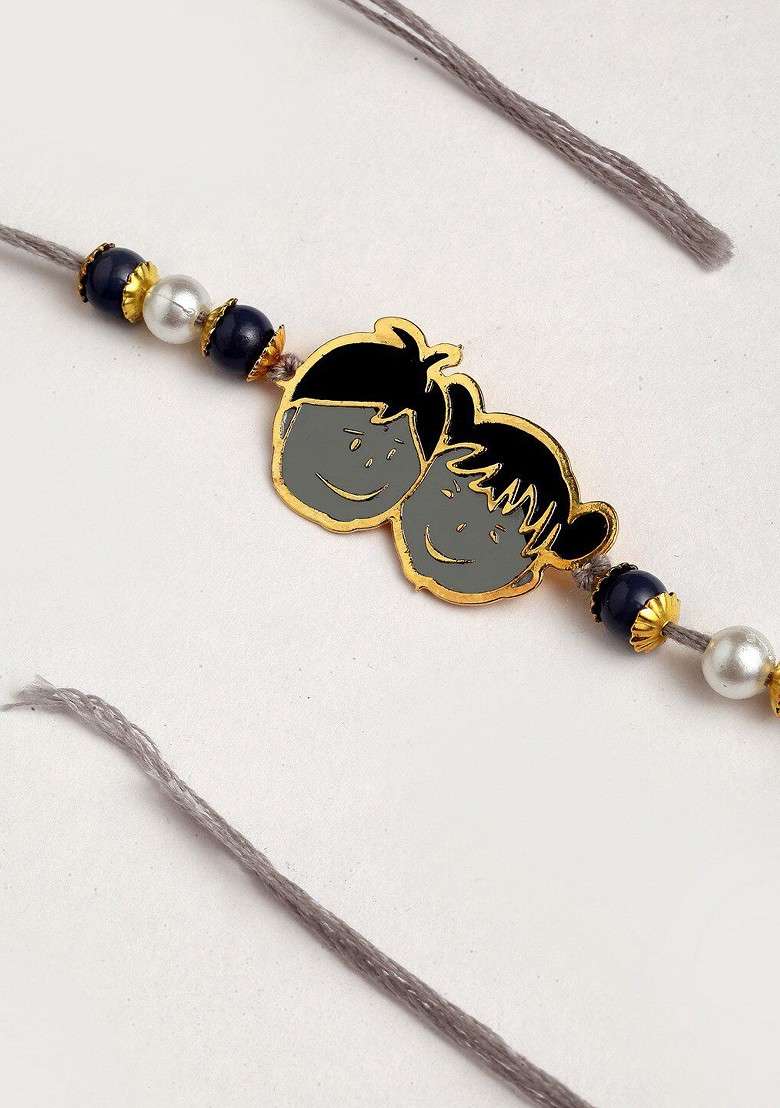 Boys Goldtoned And Grey Pearl Beaded Brass Handcrafted Rakhi - Indya