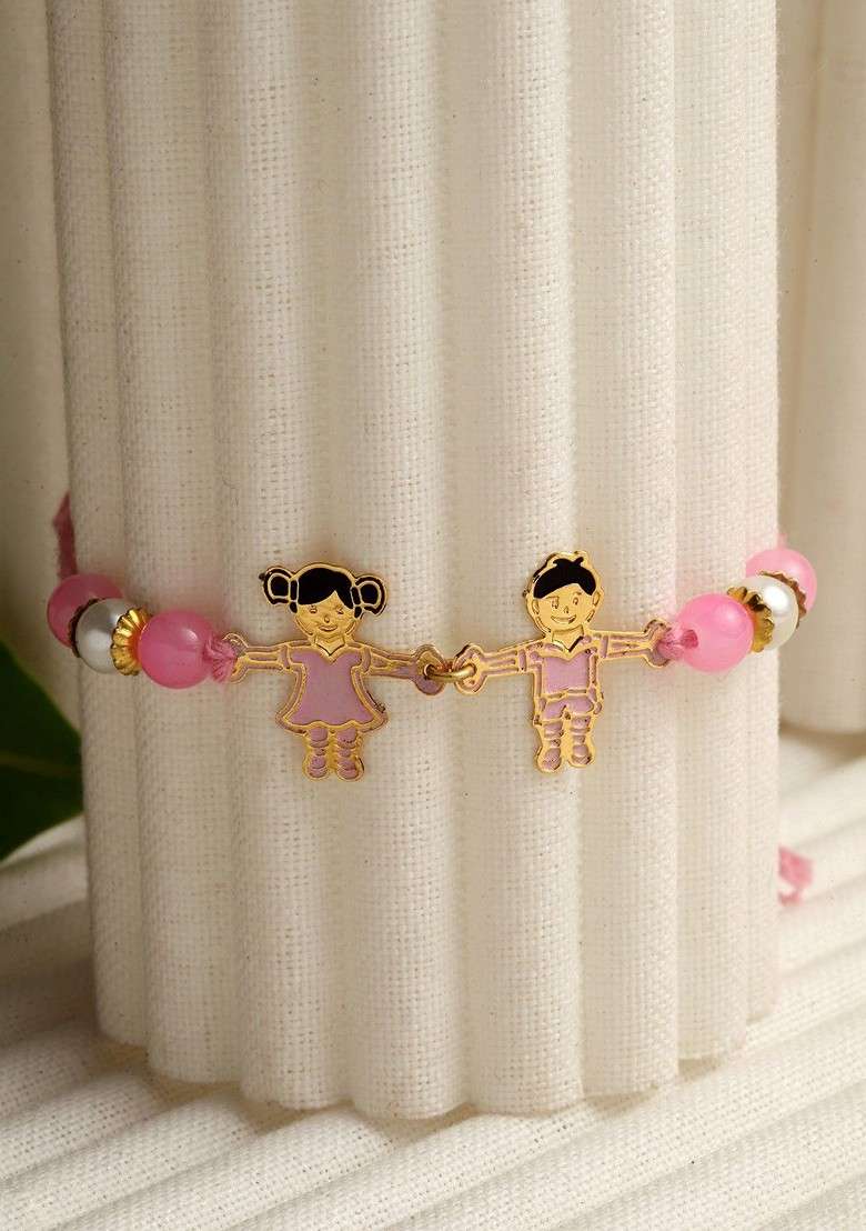 Goldtoned And Pink Brass Handcrafted Rakhi - Indya