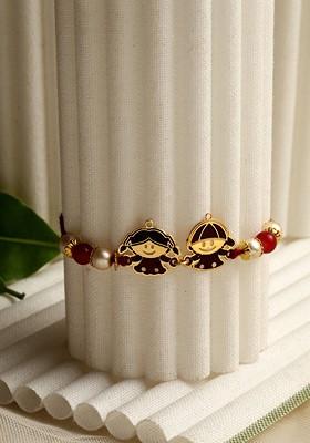 Boys Goldtoned And Red Beaded Brass Handcrafted Rakhi