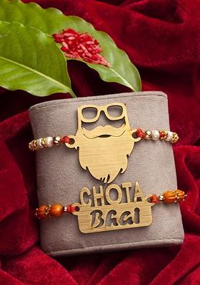 Set Of 2 Goldtoned Beard Styles And Chota Bhai Fancy Rakhi With Roli Chawal
