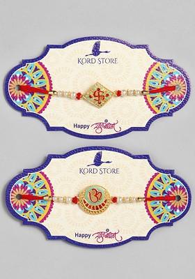 Set Of 2 Red And Green Goldplated Om And Swastik Mark Meenakari Rakhi