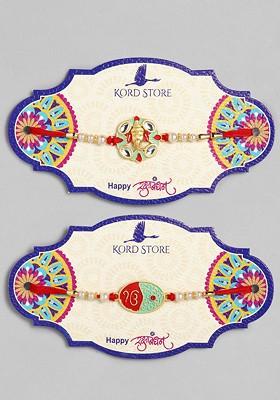 Set Of 2 Red And Green Goldplated Ganeshji And Sikh Holy Mark Meenakari Rakhi