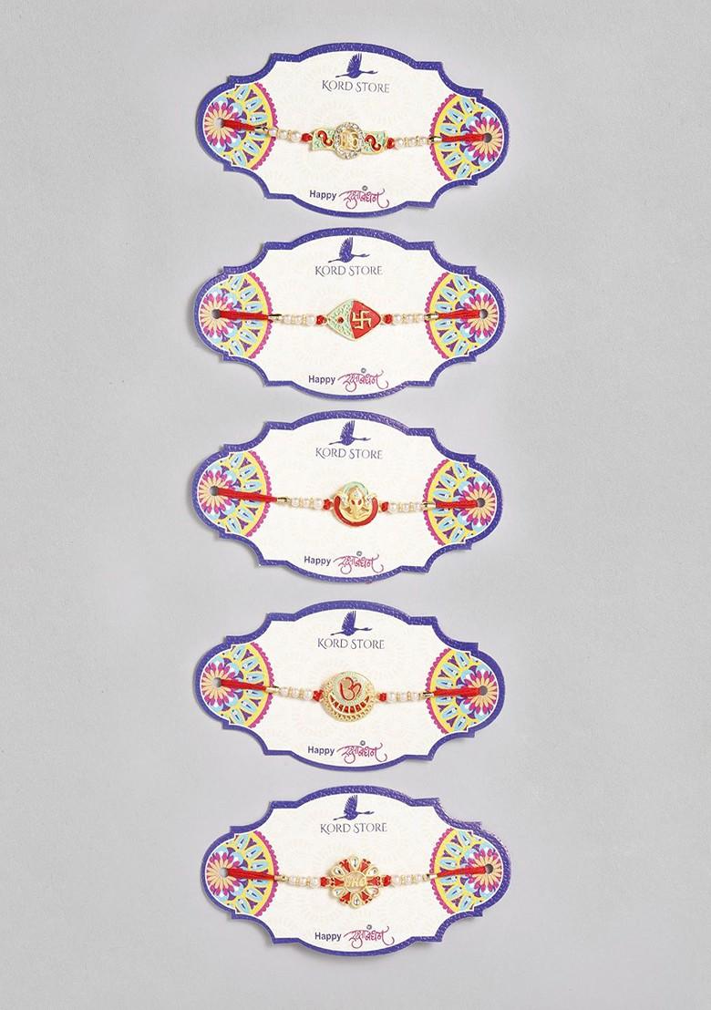 Gold Set Of 5 Red And Green Multistone Studded Beaded Thread Rakhi - Indya