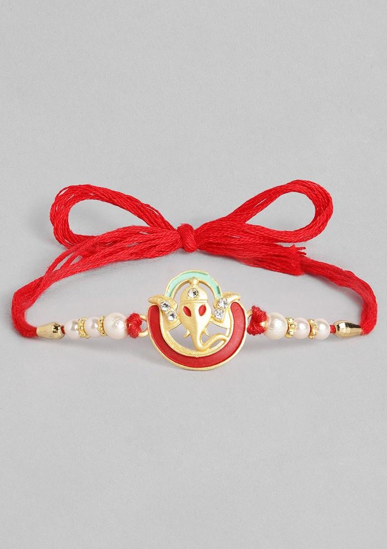 Gold Set Of 5 Red And Green Multistone Studded Beaded Thread Rakhi - Indya