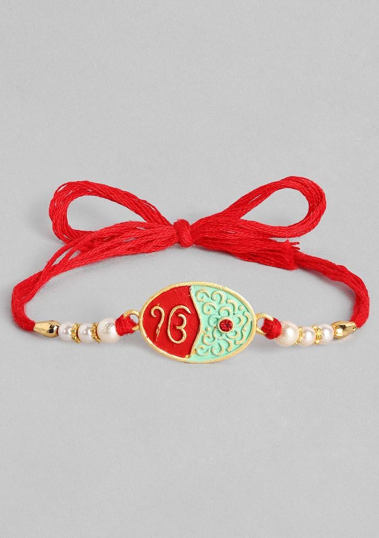 Red Red And Green Enamelled Sikh Holy Mark Ruby Stoned Thread Rakhi