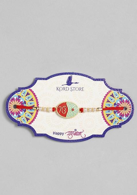 Red Red And Green Enamelled Sikh Holy Mark Ruby Stoned Thread Rakhi
