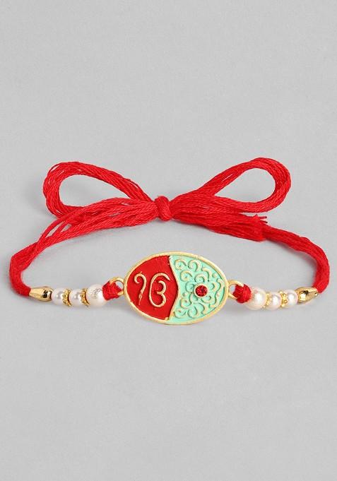 Red Red And Green Enamelled Sikh Holy Mark Ruby Stoned Thread Rakhi