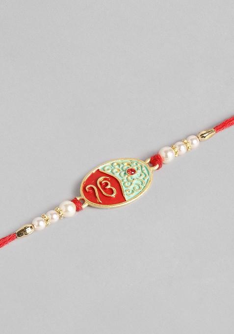 Red Red And Green Enamelled Sikh Holy Mark Ruby Stoned Thread Rakhi