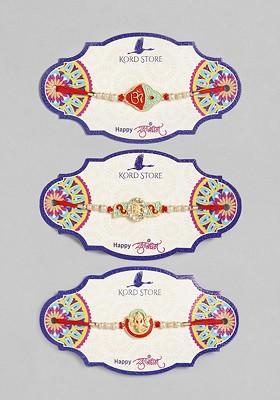 Red Set Of 3 Red And Green Beaded Thread Rakhis