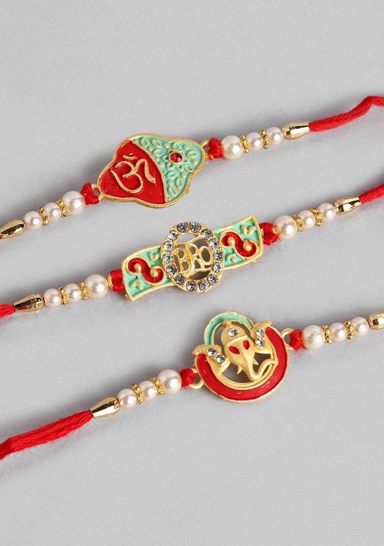 Red Set Of 3 Red And Green Beaded Thread Rakhis - Indya