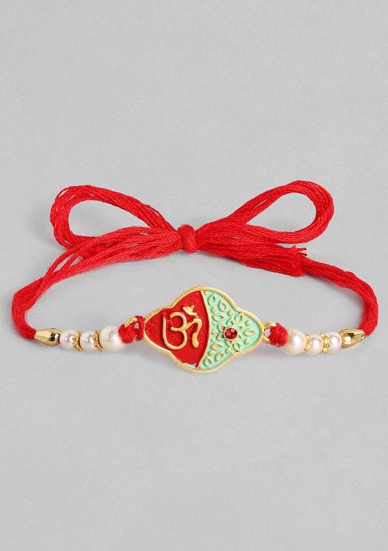 Red Set Of 3 Red And Green Beaded Thread Rakhis - Indya