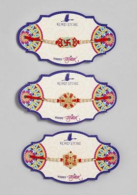 Red Set Of 3 Red And Green Multistone Studded Beaded Thread Rakhi