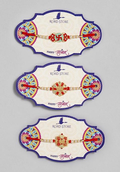 Red Set Of 3 Red And Green Multistone Studded Beaded Thread Rakhi