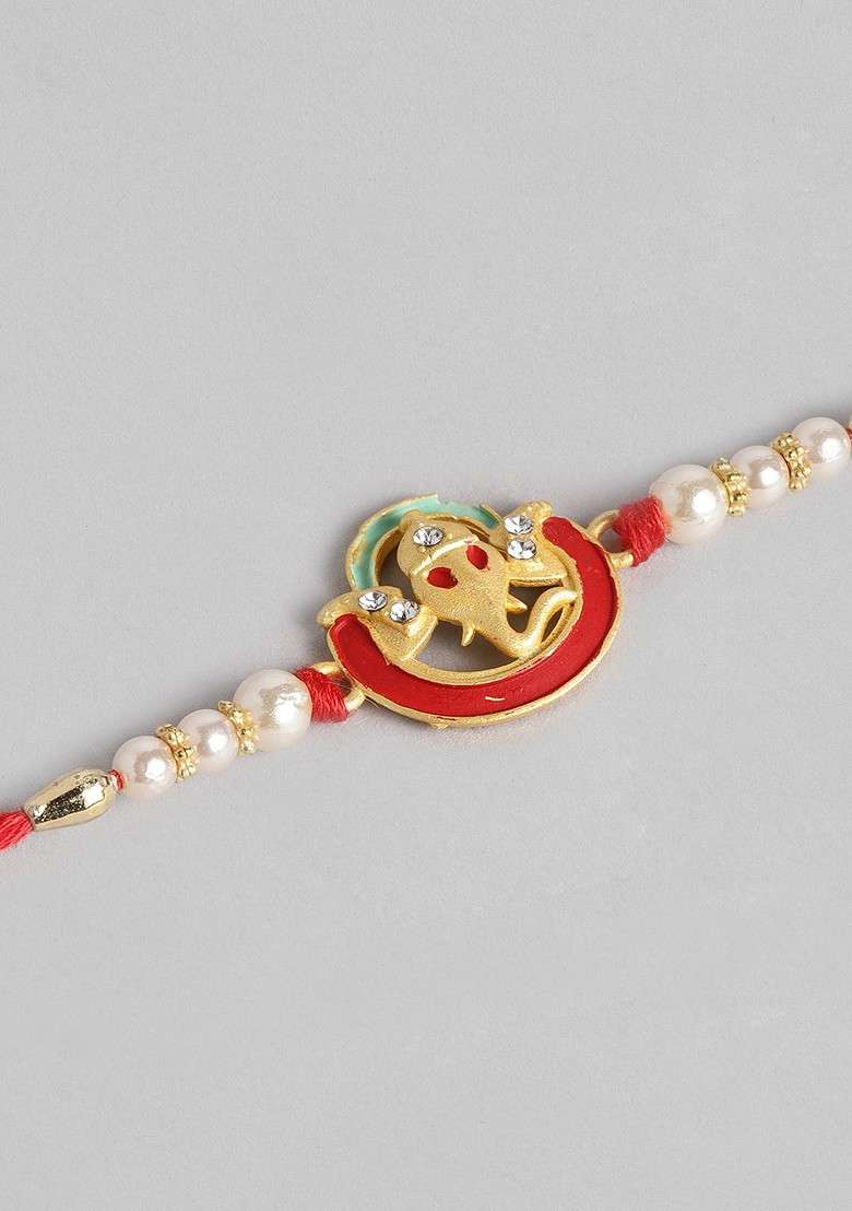 Red Red And Green Ganesh Design Beaded Thread Rakhi - Indya