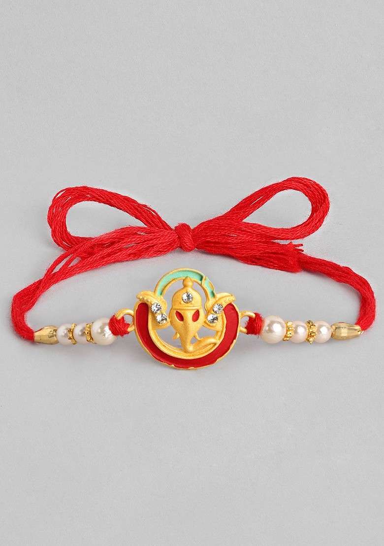 Red Red And Green Ganesh Design Beaded Thread Rakhi - Indya