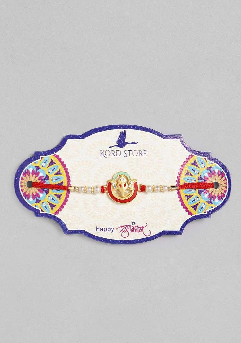 Red Red And Green Ganesh Design Beaded Thread Rakhi - Indya
