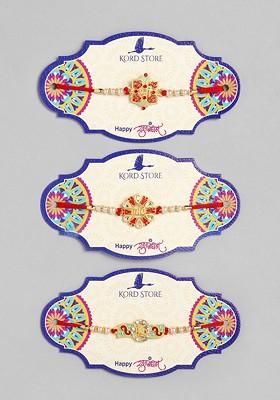 Red Set Of 3 Red And Green Ruby Studded Beaded Thread Rakhi