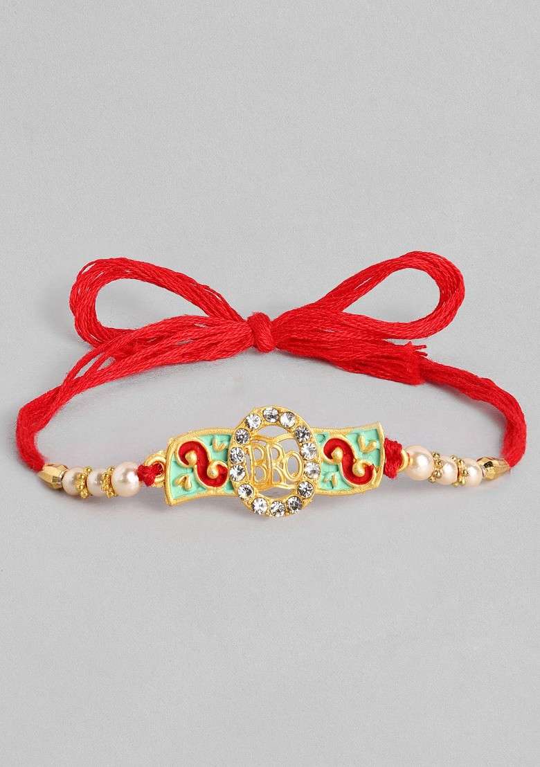 Red Set Of 3 Red And Green Ruby Studded Beaded Thread Rakhi - Indya