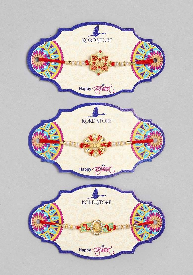 Red Set Of 3 Red And Green Ruby Studded Beaded Thread Rakhi - Indya