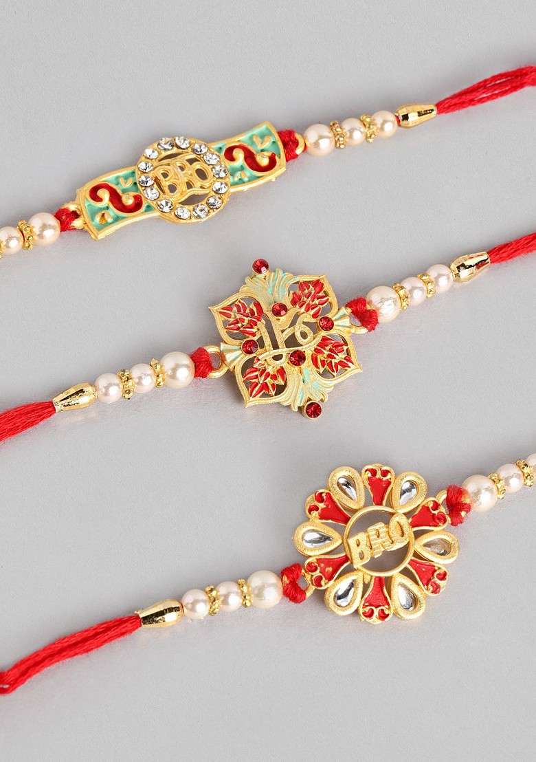 Red Set Of 3 Red And Green Ruby Studded Beaded Thread Rakhi - Indya