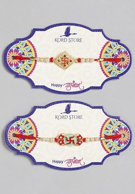 Red Set Of 2 Red And Green Beaded Minakari Thread Rakhi