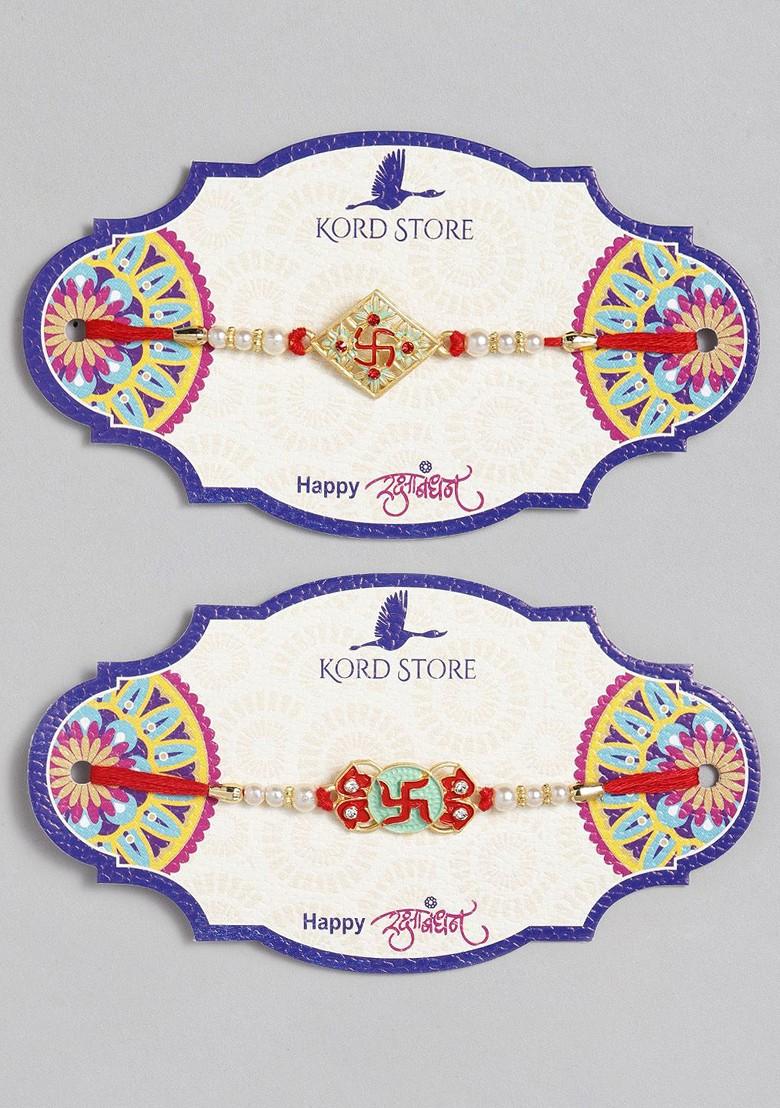 Red Set Of 2 Red And Green Beaded Minakari Thread Rakhi