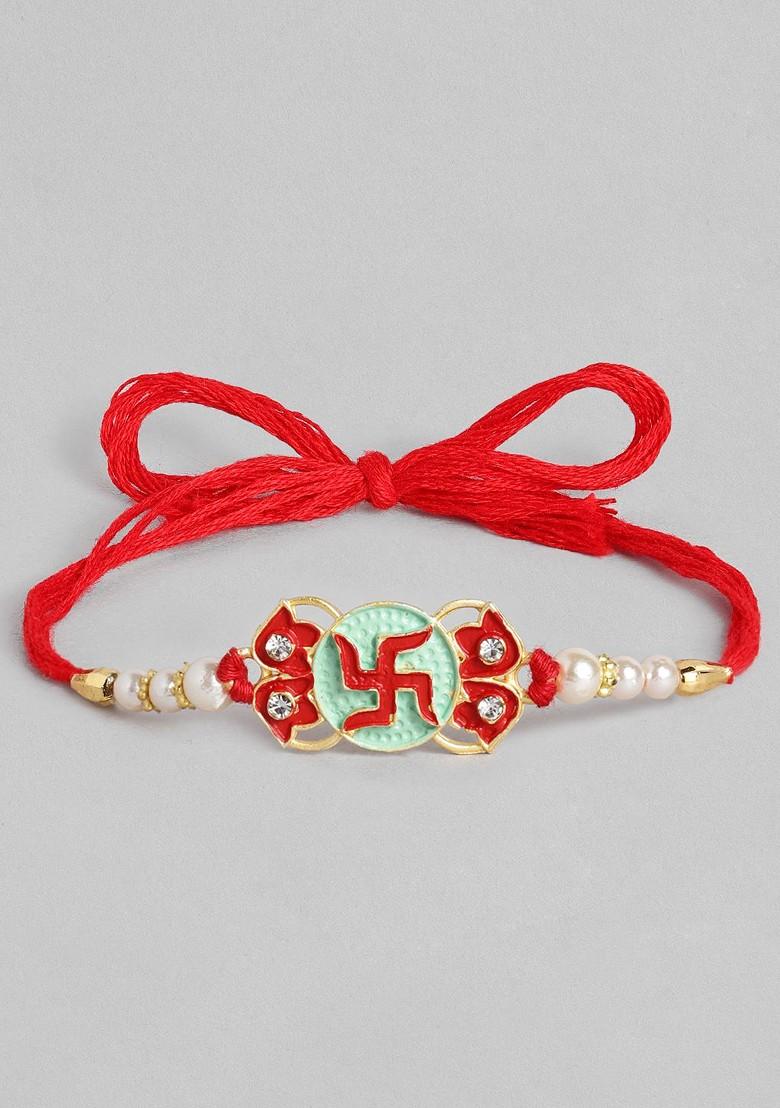 Red Set Of 2 Red And Green Beaded Minakari Thread Rakhi