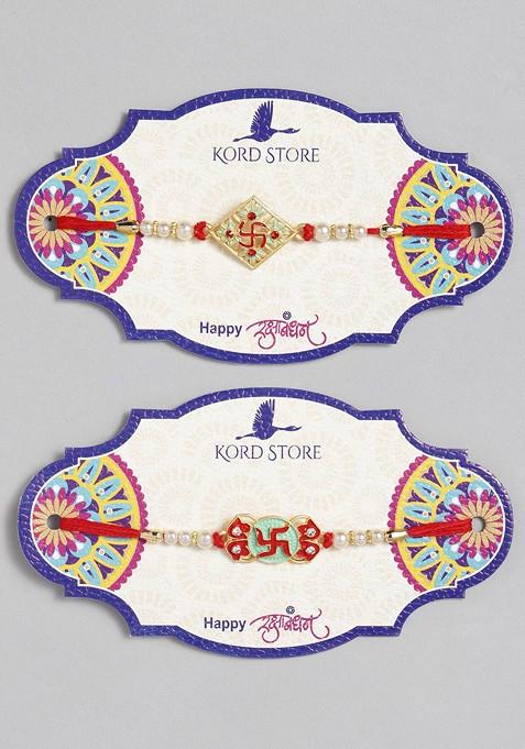 Red Set Of 2 Red And Green Beaded Minakari Thread Rakhi