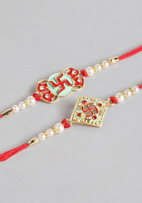 Red Set Of 2 Red And Green Beaded Minakari Thread Rakhi