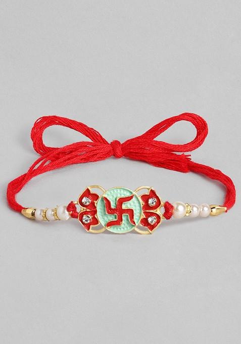 Red Set Of 2 Red And Green Beaded Minakari Thread Rakhi