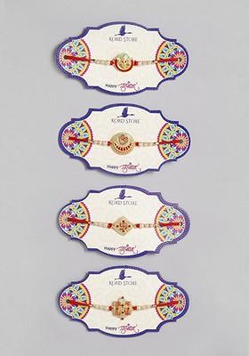 Red Set Of 4 Red And Green Enamelled Beaded Thread Rakhi