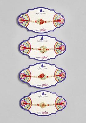 Red Set Of 4 Red And Green Enamelled Beaded Thread Rakhi