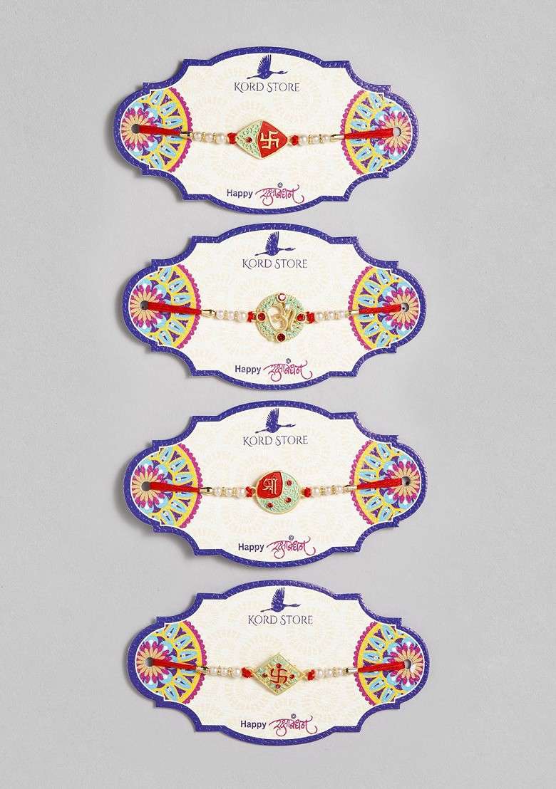 Red Set Of 4 Red And Green Enamelled Beaded Thread Rakhi - Indya