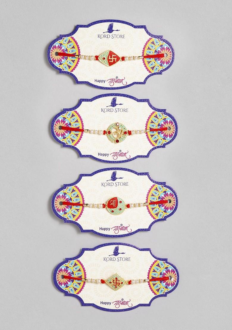 Red Set Of 4 Red And Green Enamelled Beaded Thread Rakhi