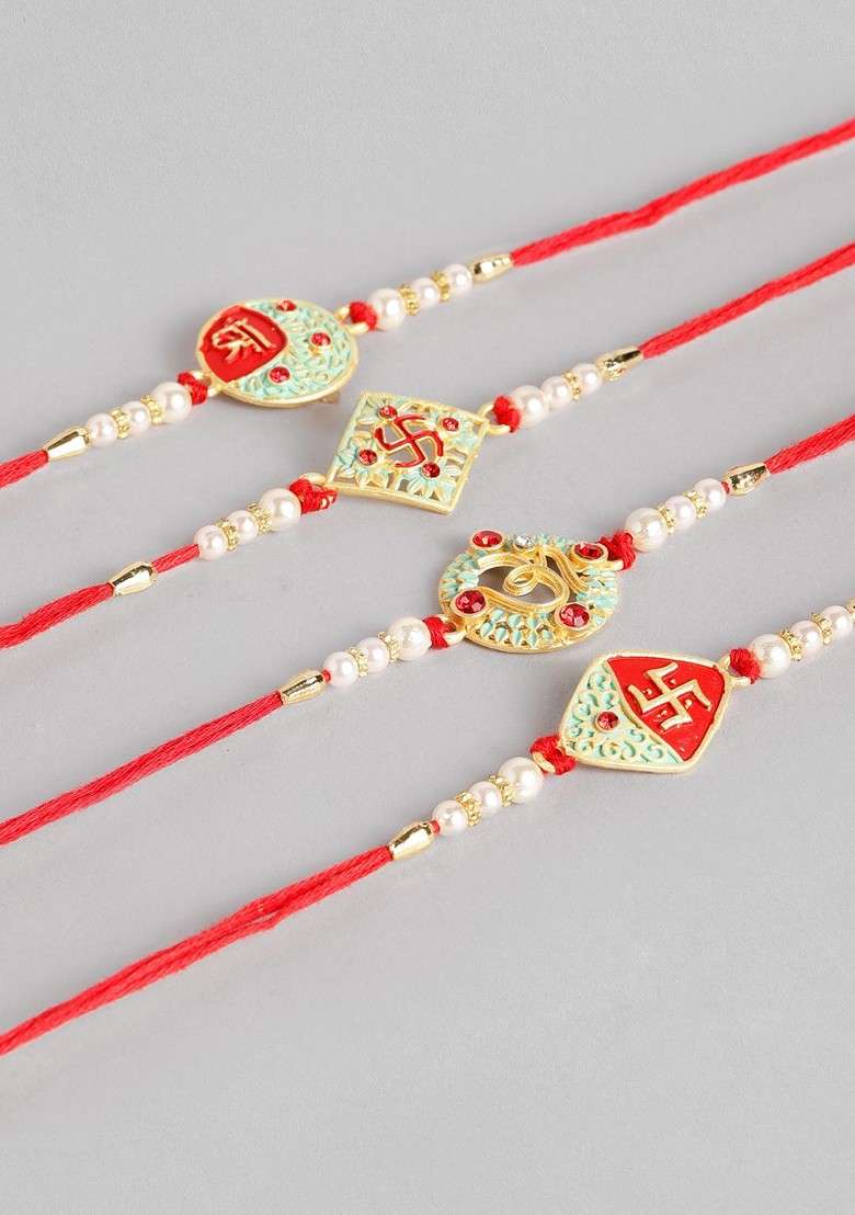 Red Set Of 4 Red And Green Enamelled Beaded Thread Rakhi - Indya