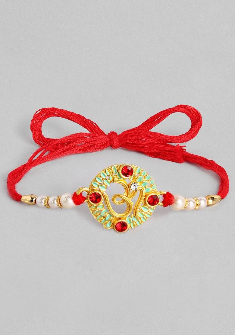Red Set Of 4 Red And Green Enamelled Beaded Thread Rakhi