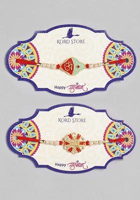 Red Set Of 2 Red And Green Enamelled Beaded Thread Rakhi