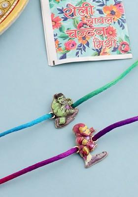 Green Kids Set Of 2 Cartoon Design Multicolor Thread Rakhi With Roli Chawal Chandan And Mishri