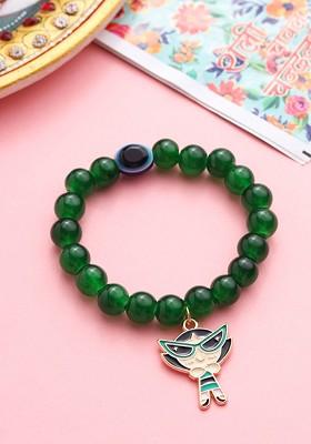 Gold Kids Cartoon Design Green Artificial Beads Thread Rakhi With Roli Chawal Chandan