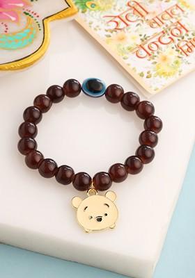 Brown Kids Cartoon Design Brown Artificial Beads Thread Rakhi With Roli Chawal Chandan