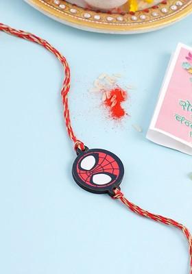 Red Kids Superhero Red Thread Rakhi With Roli Chawal Chandan And Mishri