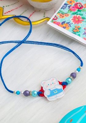 Blue Kids Teddy Blue Artificial Beads Thread Rakhi With Roli Chawal Chandan And Mishri
