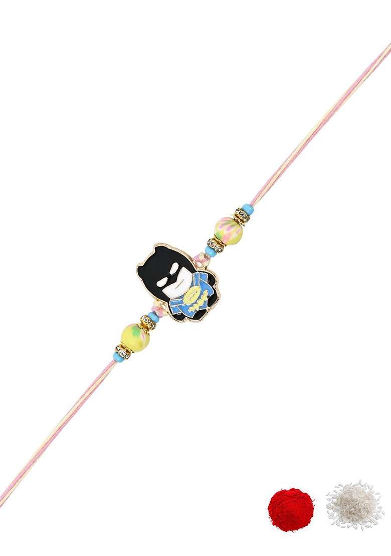 Black Kids Cartoon Thread Rakhi With Roli Chawal And Rakshabandhan Card - Indya